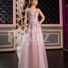 Womens super glam floor length tulle skirt evening gown with royal appliquéd bodice