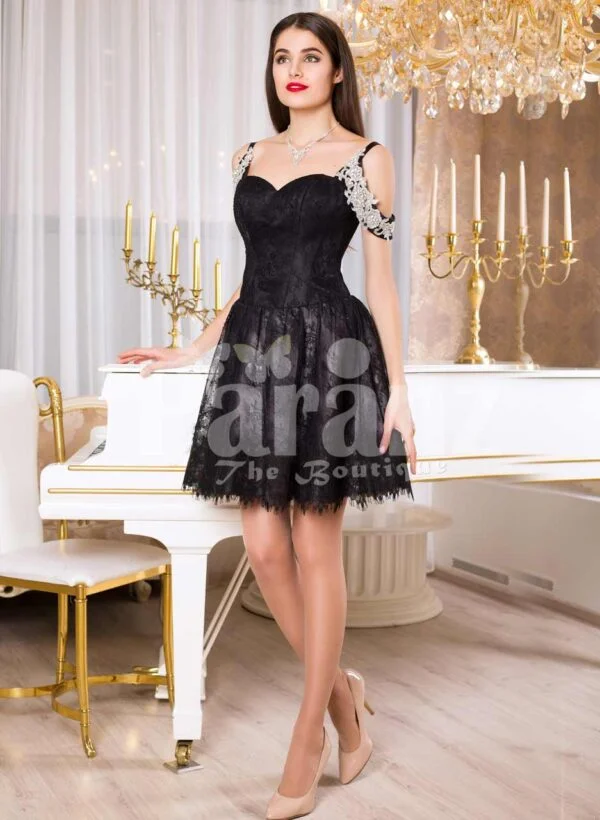 Womens super glam glossy black rich satin small gown with white pearl decorations