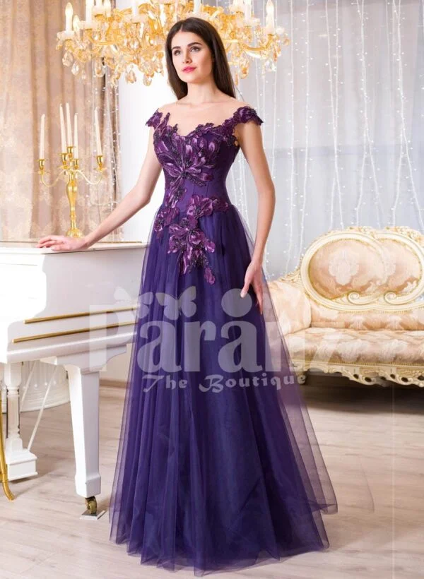 Womens super soft and sooth floor length tulle skirt gown with purple flower appliqués