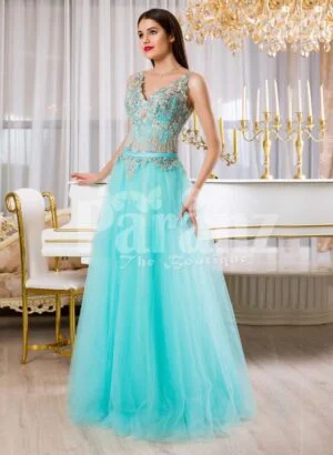 Womens super soft and stylish mint tulle skirt evening gown with rich floral bodice