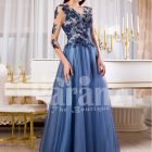 Womens super stylish and glam floor length tulle skirt gown with flower appliquéd bodice