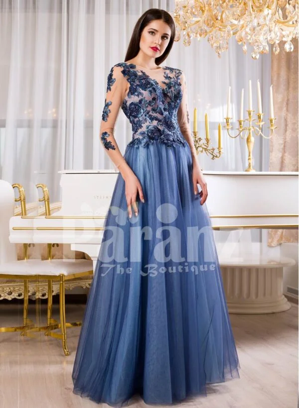 Womens super stylish and glam floor length tulle skirt gown with flower appliquéd bodice