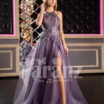 Womens super stylish off-shoulder flared tulle skirt gown in metal purple