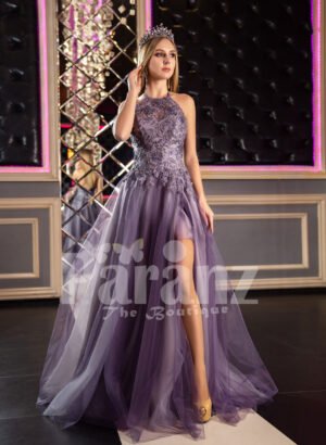 Womens super stylish off-shoulder flared tulle skirt gown in metal purple