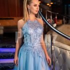 Womens truly beautiful glitz sky blue side slit tulle skirt gown with royal bodice