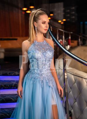 Womens truly beautiful glitz sky blue side slit tulle skirt gown with royal bodice