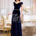 Womens velvet navy floor length evening gown with elegant off-shoulder bodice