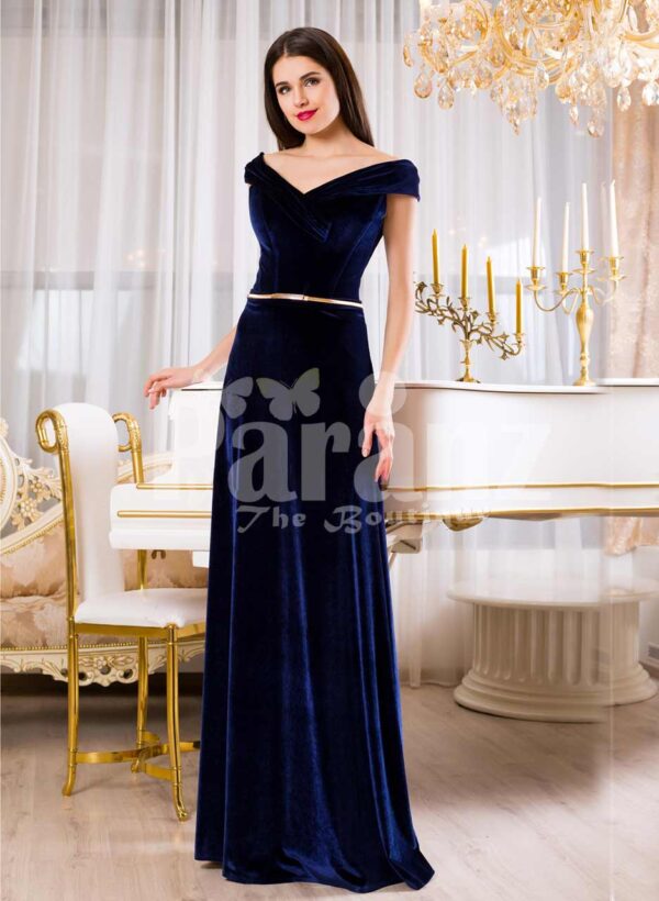 Womens velvet navy floor length evening gown with elegant off-shoulder bodice