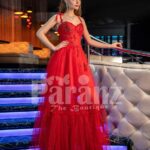 Womens vibrant red floor length tulle frill evening gown with stylish sleeveless bodice