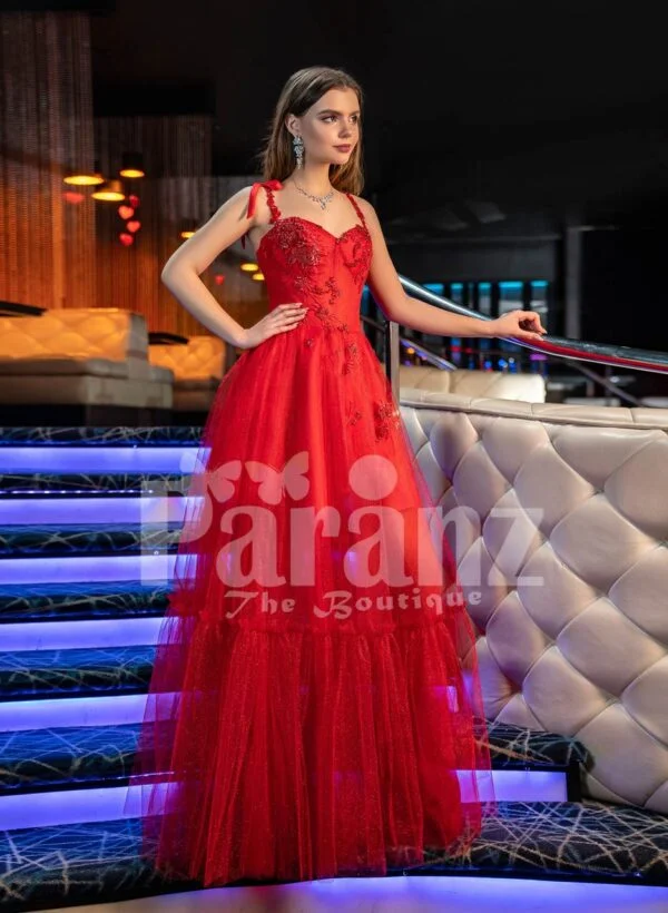 Womens vibrant red floor length tulle frill evening gown with stylish sleeveless bodice