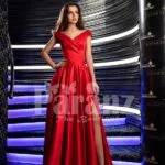 Womens vibrant red off-shoulder rich satin gown with floor length side slit skirt