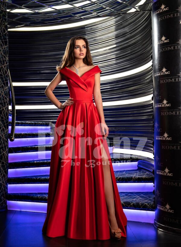 Womens vibrant red off-shoulder rich satin gown with floor length side slit skirt