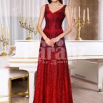 Womens vibrant red sleeveless evening gown with floor length skirt