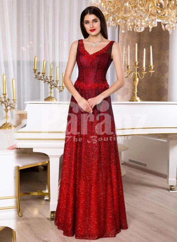 Womens vibrant red sleeveless evening gown with floor length skirt