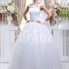 Women’s Barbie style pearl white sleeveless wedding gown with high volume tulle skirt