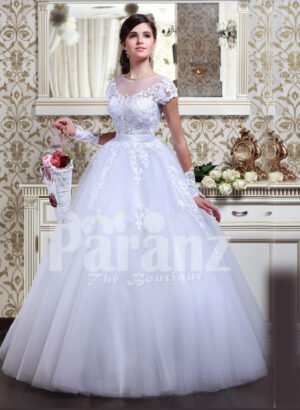 Women’s Cinderella style flared tulle skirt wedding gown with lace appliquéd royal bodice