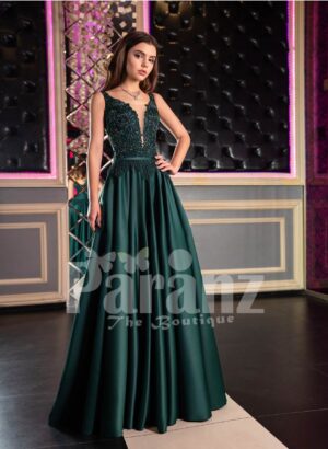Women’s Super Pigmented Green Smooth Satin Evening Gown with Sleeveless Glitz Bodice
