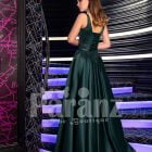 Women’s Super Pigmented Green Smooth Satin Evening Gown with Sleeveless Glitz Bodice back side view