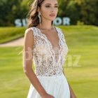 Women’s all white super glam wedding tulle gown with elegant lacy bodice close view