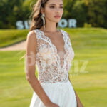 Women’s all white super glam wedding tulle gown with elegant lacy bodice close view