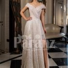 Women’s amazing side slit off-shoulder beige glitz wedding gown