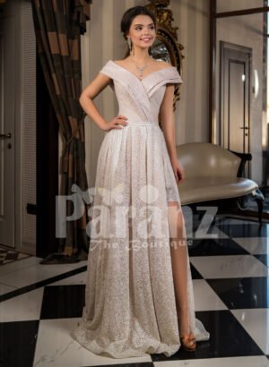 Women’s amazing side slit off-shoulder beige glitz wedding gown