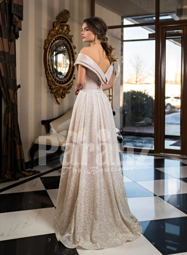 Women’s amazing side slit off-shoulder beige glitz wedding gown back side view