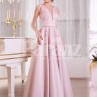 Women’s baby pink elegant evening gown with long satin skirt and sleeveless royal bodice