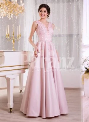 Women’s baby pink elegant evening gown with long satin skirt and sleeveless royal bodice