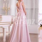 Women’s baby pink elegant evening gown with long satin skirt and sleeveless royal bodice side view
