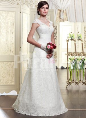 Women’s beautiful floor length wedding satin gown with major white lace work