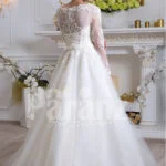 Women’s beautiful full sleeve floor length tulle skirt wedding gown in white back side view