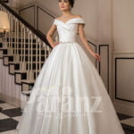 Women’s beautiful off-shoulder floor length rich satin gown with tulle skirt underneath