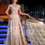 Women’s beautiful off-shoulder side slit party gown with off-shoulder bodice in beige