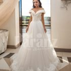 Women’s beautiful off-shoulder styled floor length tulle gown with glam bodice