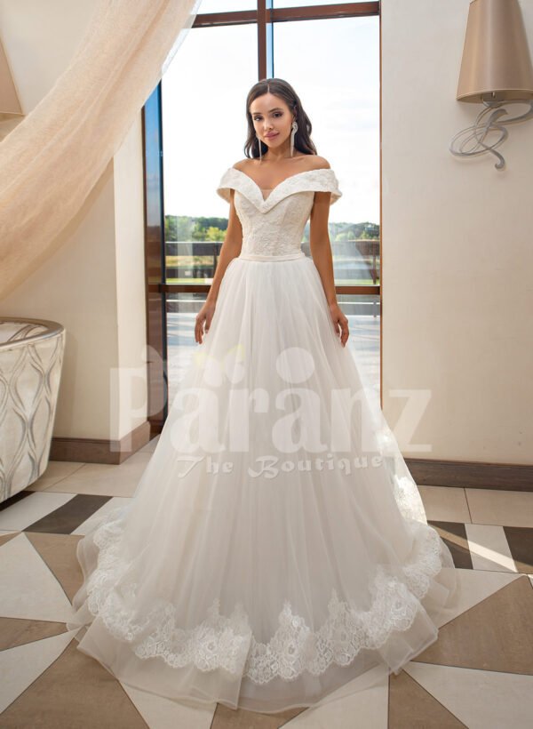 Women’s beautiful off-shoulder styled floor length tulle gown with glam bodice