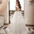 Women’s beautiful off-shoulder styled floor length tulle gown with glam bodice back side view