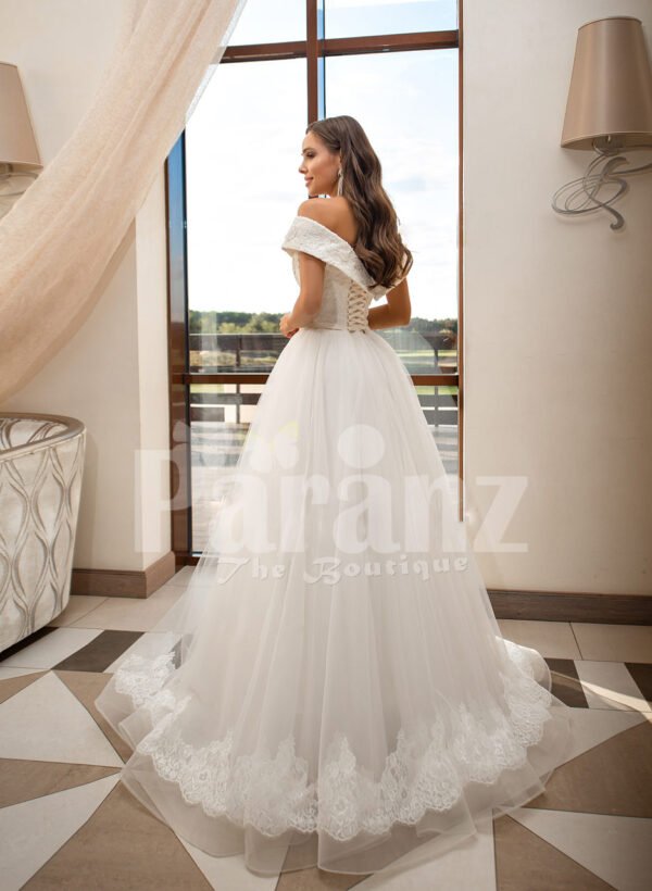 Women’s beautiful off-shoulder styled floor length tulle gown with glam bodice back side view