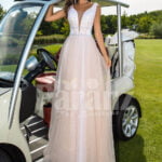 Women’s beautiful power pink-white wedding tulle gown with criss-cross lock back
