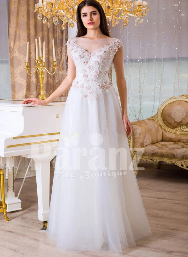 Women’s beautiful white and pink rosette bodice elegant floor length tulle gown