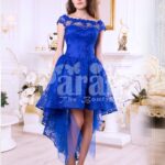 Women’s bright blue high-low satin party gown with all over rich lace work