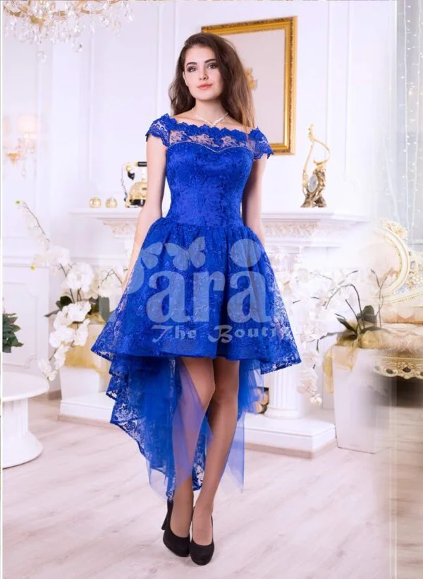 Women’s bright blue high-low satin party gown with all over rich lace work