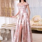 Women’s bright metal pink evening satin gown with pink rosette designs all over