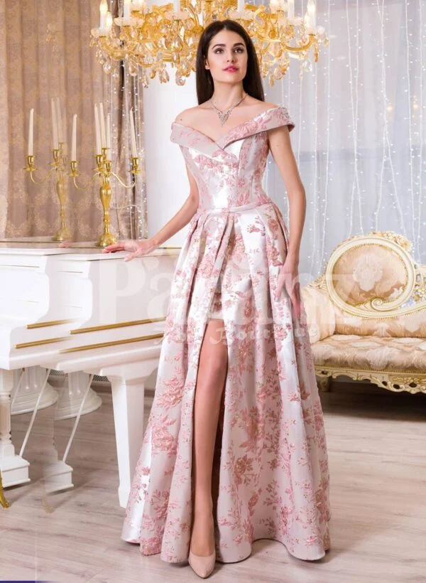 Women’s bright metal pink evening satin gown with pink rosette designs all over