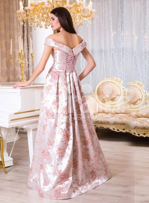 Women’s bright metal pink evening satin gown with pink rosette designs all over back side view