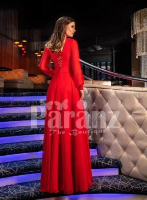 Women’s bright red side slit evening satin gown with full sleeve bodice back side view