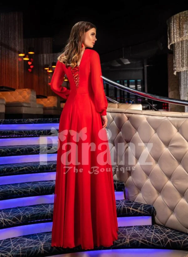 Women’s bright red side slit evening satin gown with full sleeve bodice back side view