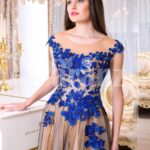 Women’s brown-grey floor length tulle skirt evening gown with bright floral appliquéd bodice