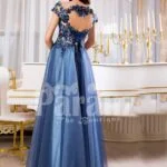 Women’s colorful floral appliquéd floor length tulle skirt evening gown back side view