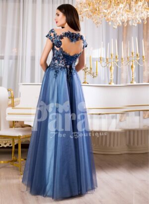 Women’s colorful floral appliquéd floor length tulle skirt evening gown back side view